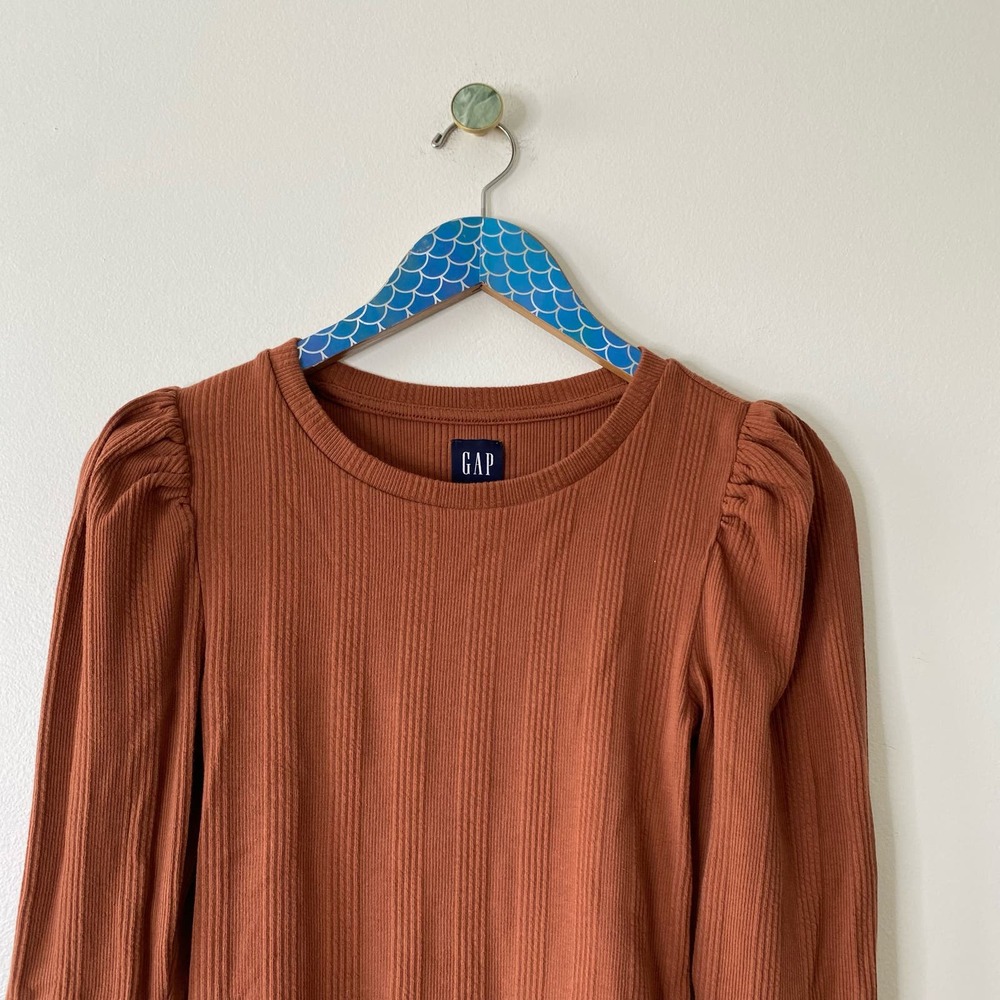 GAP Saddle Brown Ribbed Puff Sleeve Stretch Cotton Bodysuit - Picture 3 of 9